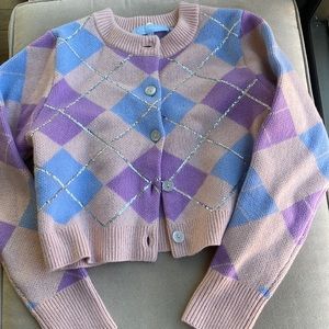 Hill House Heddy Argyle Breakfast Cardigan Sequin Embellished Sweater - Small